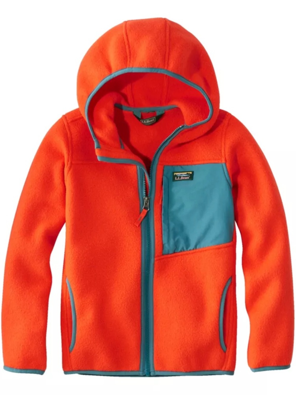 L.L. Bean Kids Orange Hooded Fleece Jacket with Teal Pocket Trim
